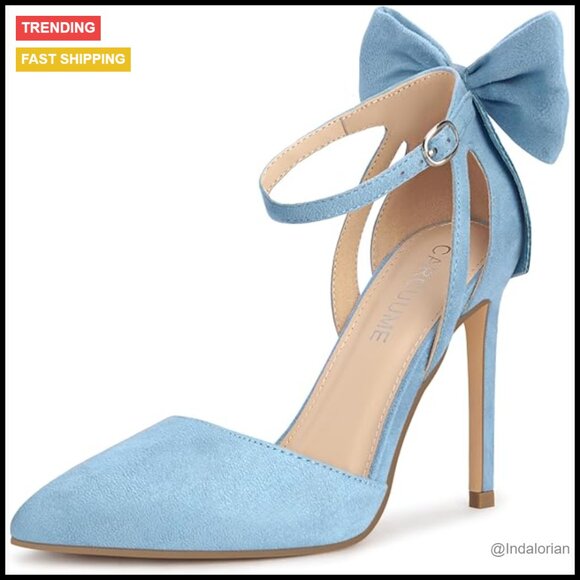 Suede Closed Toe Heels with Bow Stiletto Pumps Adjustable Ankle Strap